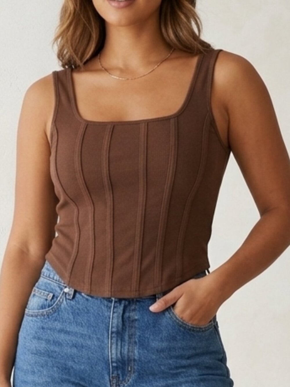 Chocolate Brown Corset Tank Top Square Neck Panelled Cropped Bodice Vest